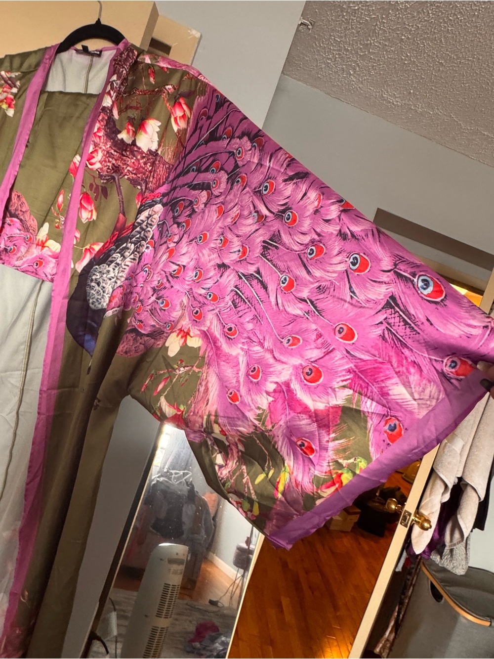 Fashion Nova Olive & Pink Peacock Floral Kimono Robe and shorts set - Picture 3 of 6
